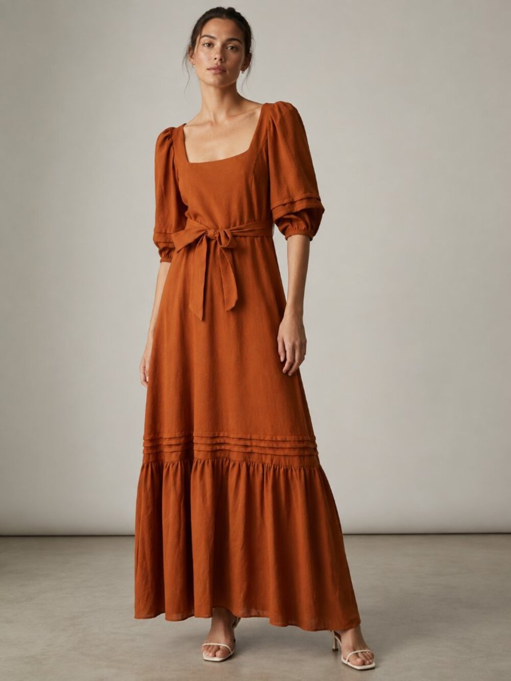 JONATHAN SIMKHAI SWIM Rust Orange Brown Open Back Puff Sleeve Tiered Maxi Dress